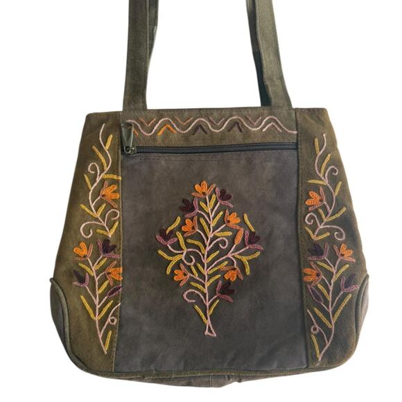 American Vintage Handbags - Vintage boho Brown olive suede floral embroidered shoulder bag